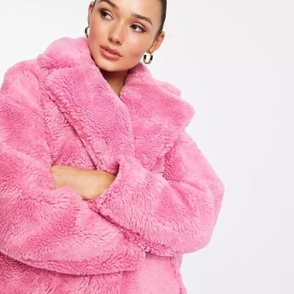 Topshop Pink Faux Fur Teddy Bear Button-Up Peacoat with Oversized Pockets - Picture 1 of 8